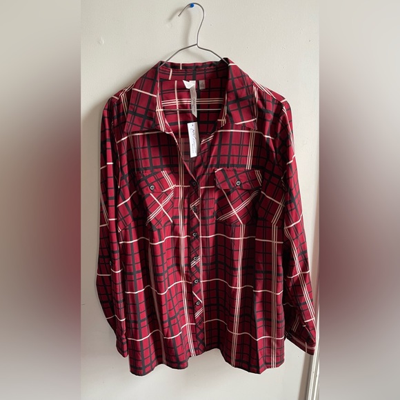 NWT: (NY Collection) burgundy striped button up shirt with tags. - Picture 3 of 6